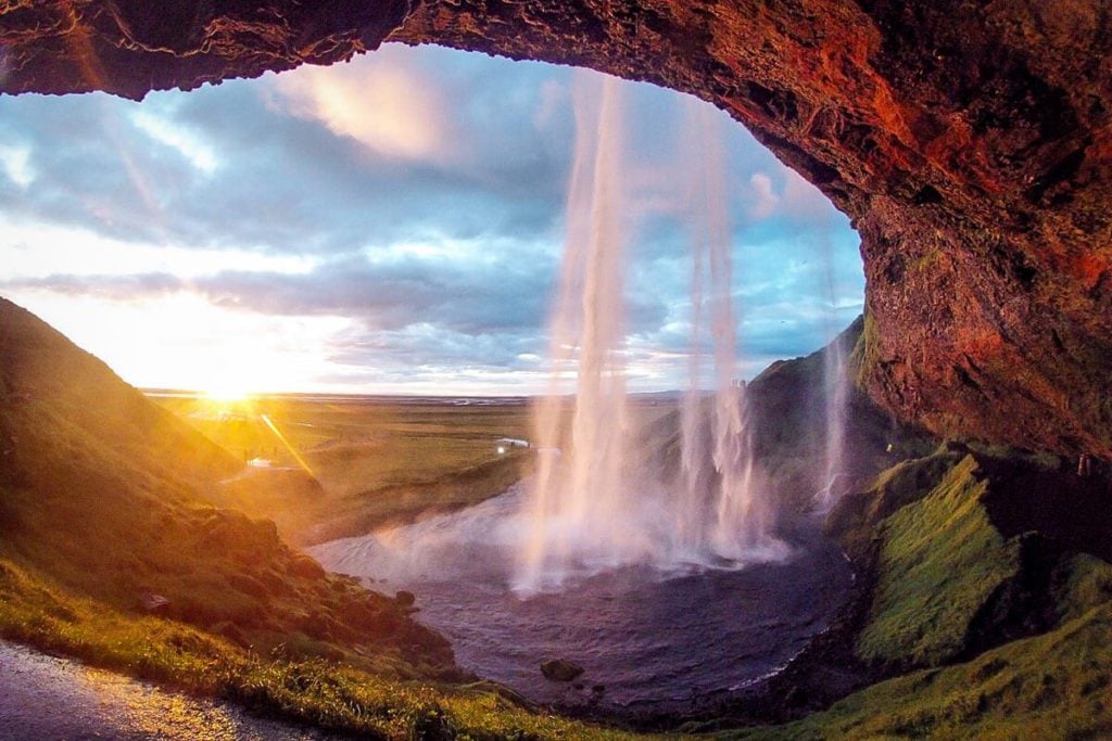 Seljalandsfoss waterfall at sunset