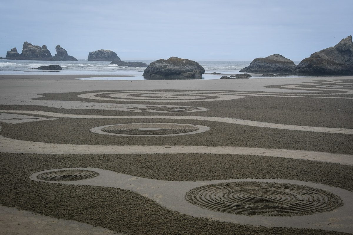This is the Circles in the Sand labyrinth at the beach in Face Rock Scenic Viewpoint.