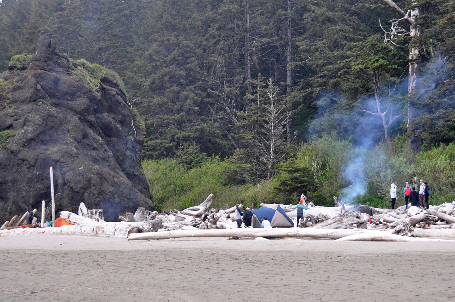 Campers congregating on Second Beach in La Push