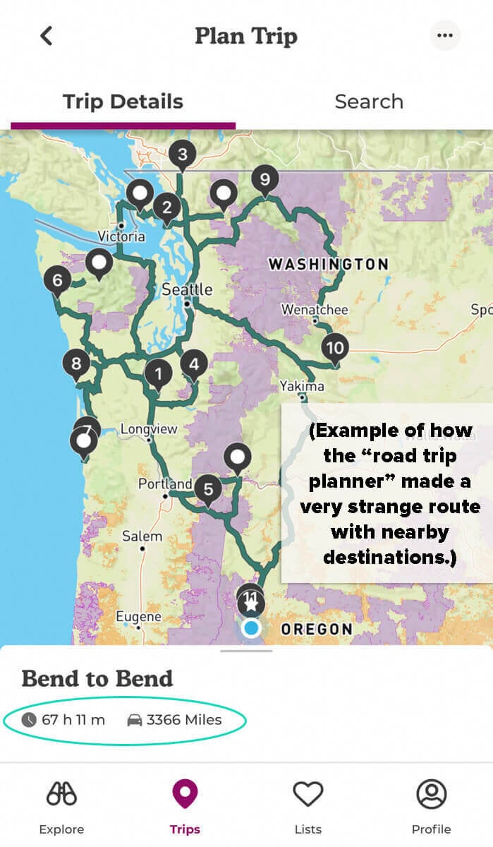 As you can see from the route above, the Trip Building feature made a very strange route despite having plugged in each destination in a logical order (south to north).