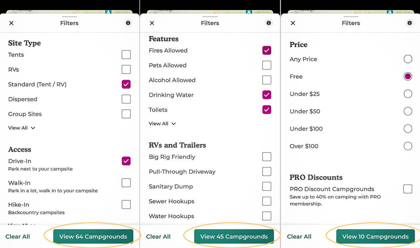 As you can see in the three screenshots above, when you check more filter boxes, the overall number of campsites to choose from goes down.