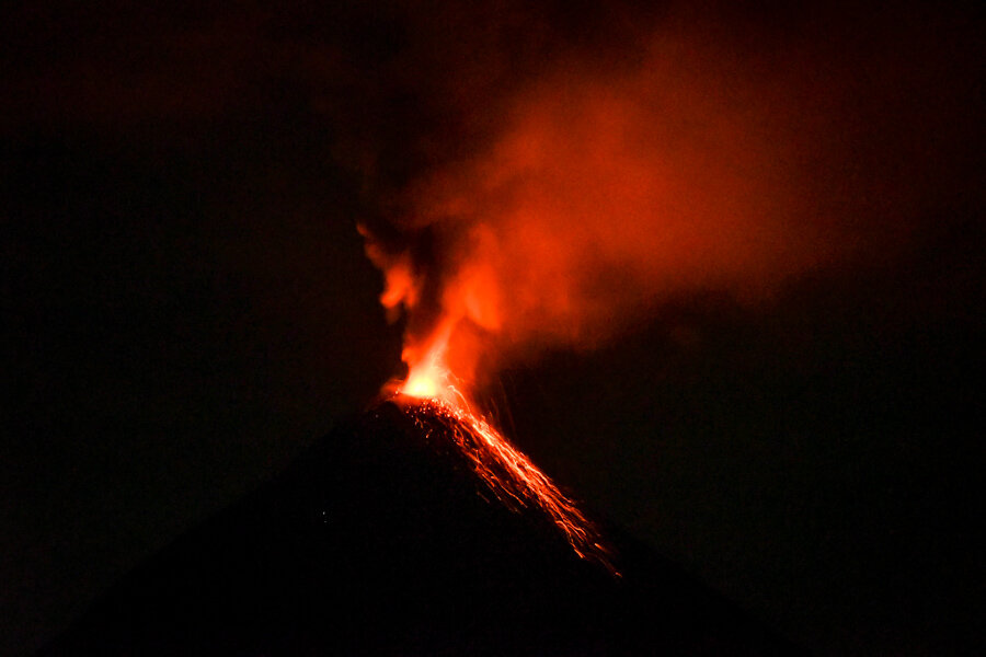 Volcan Fuego erupting in the night; view from base camp on Acatenango