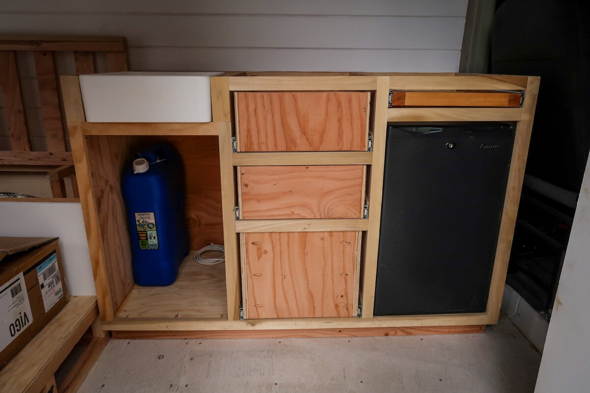 This is essentially the “bones” of our campervan kitchen. We then added faceplates to the drawers and a cabinet door to make things look nicer.