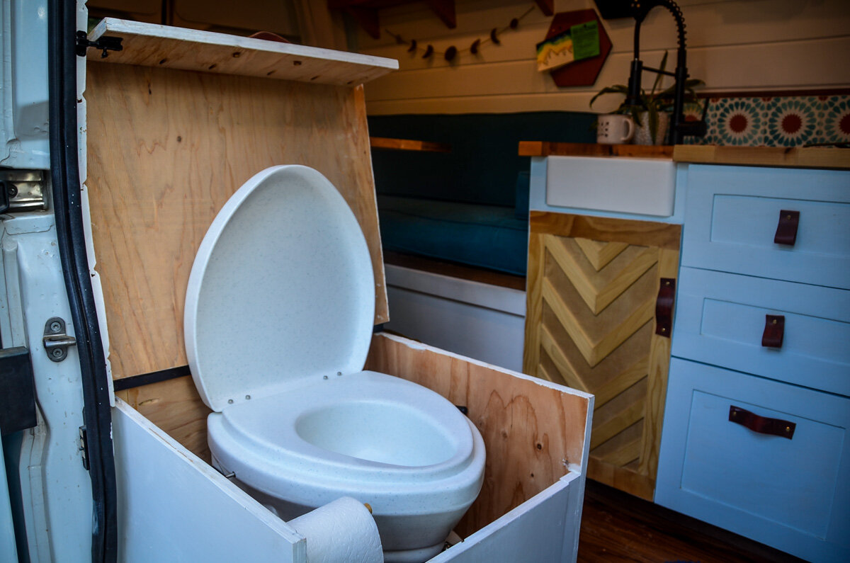 Our toilet box keeps our Natures Head hidden, yet easy to access in a hurry (it happens!). Plus, we have a cushion that sits on top so it doubles as an extra bench!