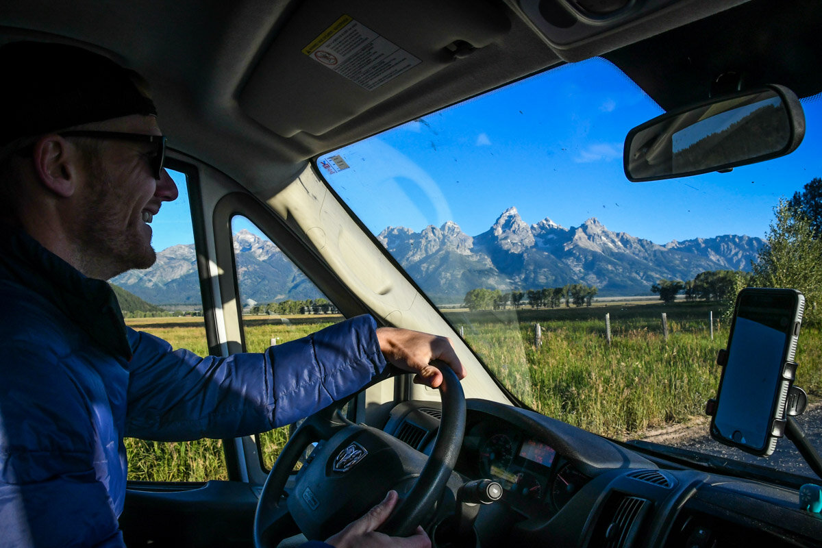 Driving in our campervan to Jackson Hole, Wyoming