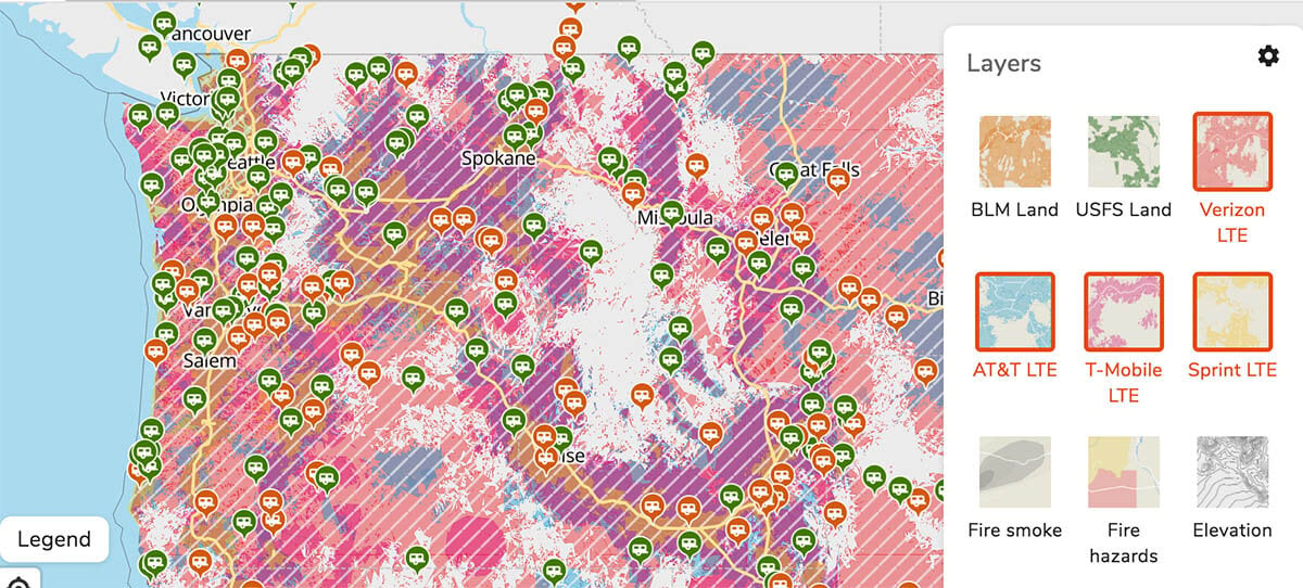 This map from Free Roam shows all networks’ coverage at once. Turn off one layer at a time to see coverage more clearly.