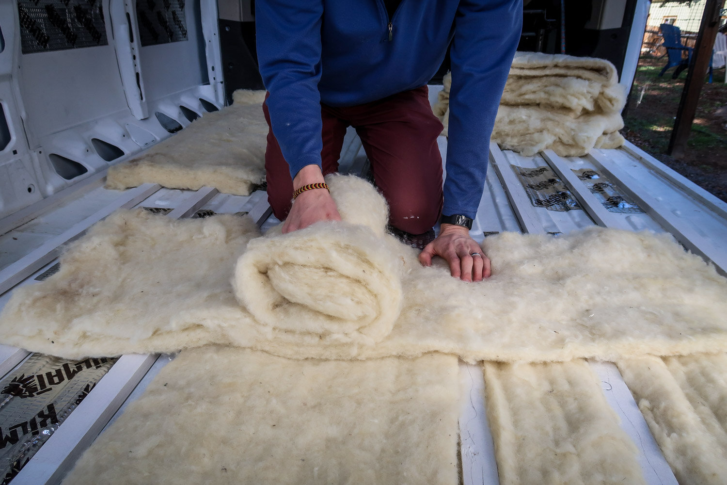 Havelock Wool Subfloor Van Install Splitting the Wool Batt