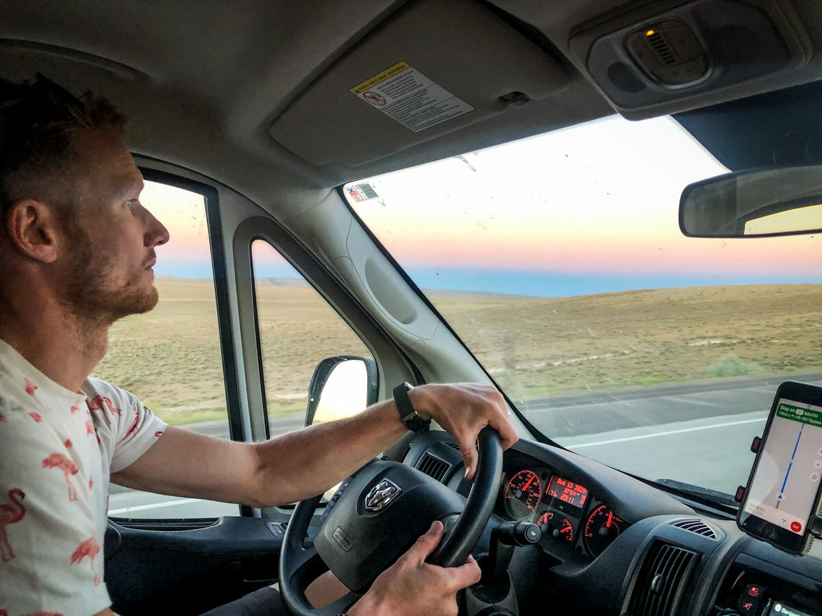 This is Ben’s face as we’re trying to find a place to park for the night. As you can see, the sun is setting, there’s nothing around for miles, and he doesn’t look very happy… Thankfully, we have a campsite plugged into Google Maps, so we have a destination in mind!