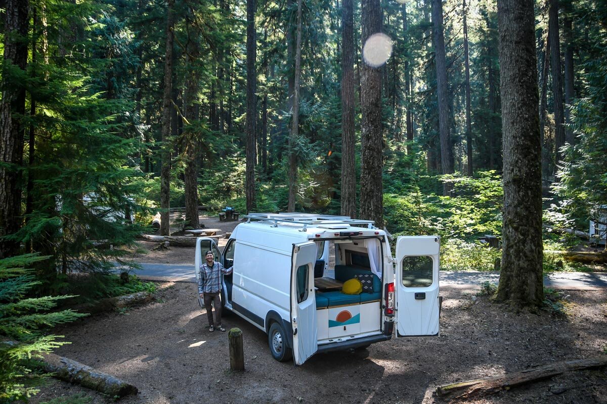 This National Forest campground offers spacious campsites, picnic tables, fire rings, bear-proof storage boxes, potable water fill stations, hiking trails, and bathrooms with FLUSH toilets. (Yep, flush toilets!) Oh, and our site had access to a beach on the river, where we spent most of the afternoon. All this for just $20 a night!