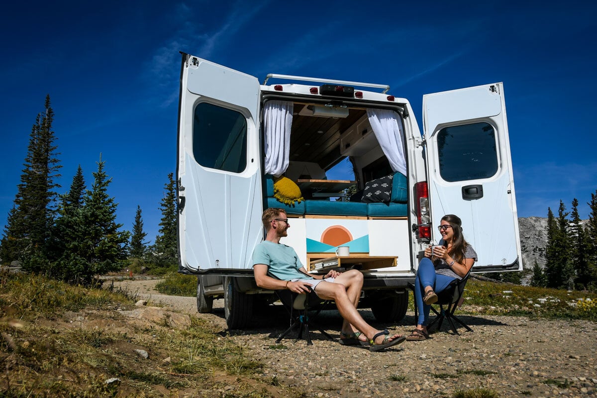 This is a site at a National Forest campground in Wyoming, and it cost us just $10 per night. Picnic table, fire ring, garbage service and pit toilets were included! Our camp chairs made it extra comfortable for hanging out with coffee in the morning (and wine in the afternoon!).