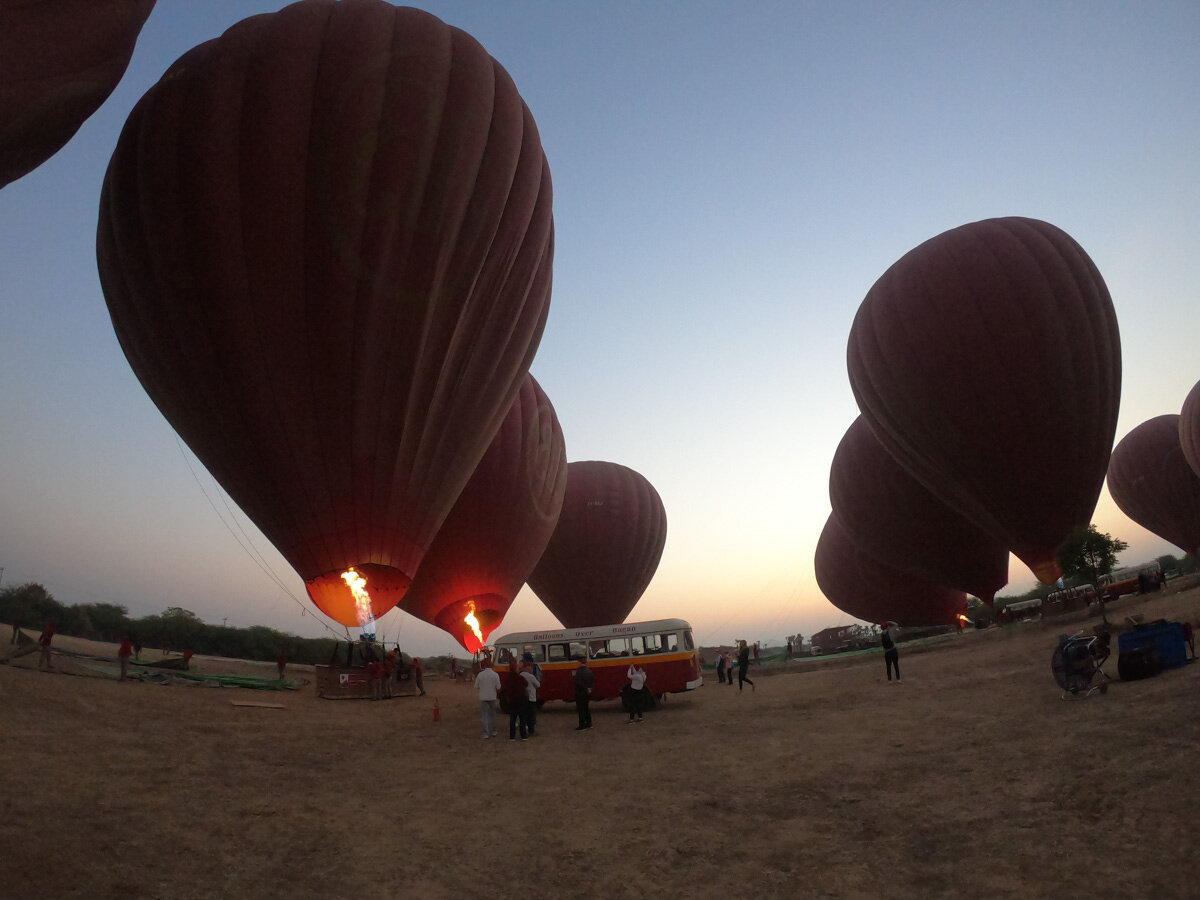 Hot Air Ballooning in Bagan | Balloons getting prepped before flight