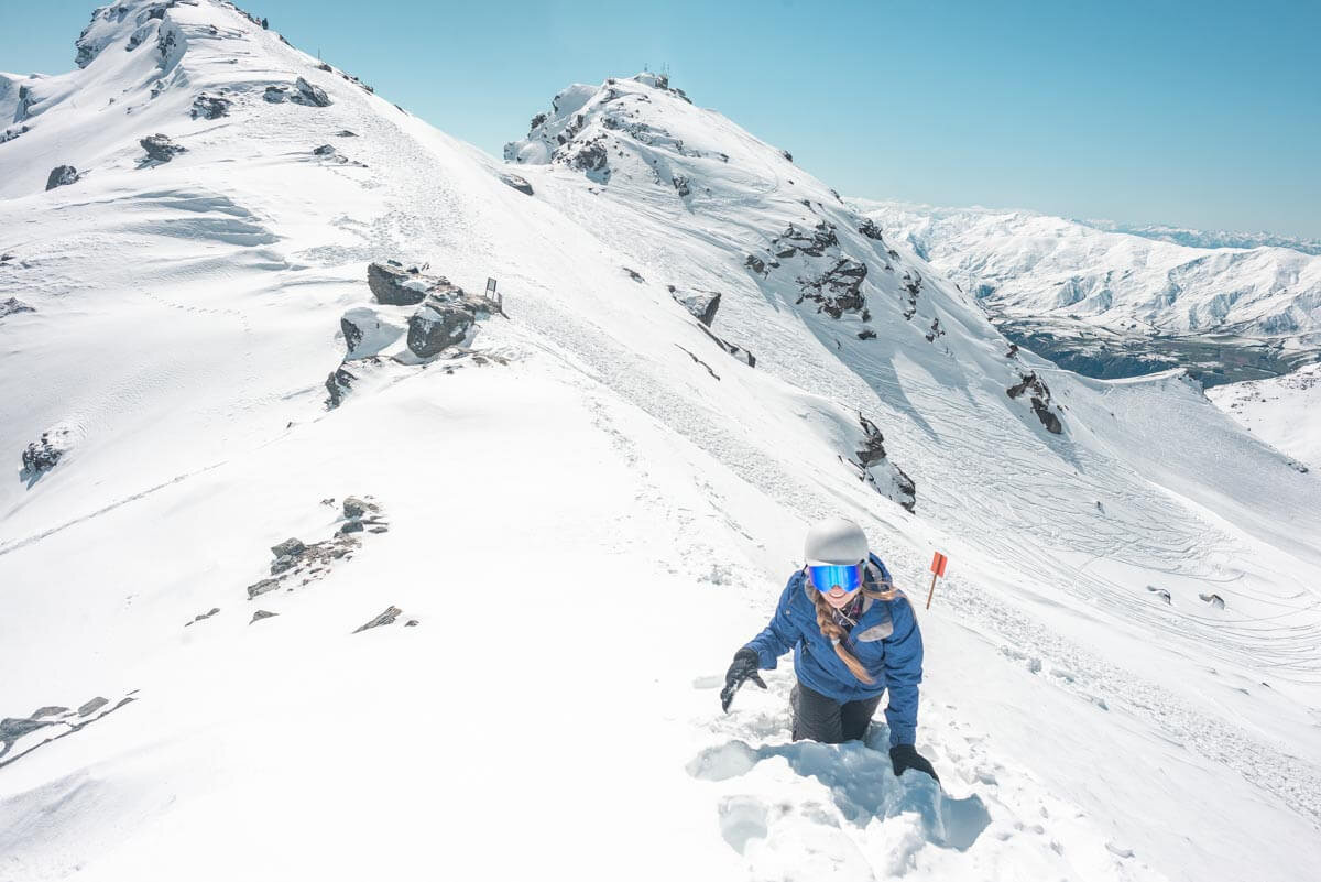 This shot is from a beautiful bluebird day at The Remarkables Ski Area (or “Remarks”, as the locals call it). Bailey fromMy Queenstown Diarytakes ashort hike from the Shadow Basin chairlift to get off the groomed runs.