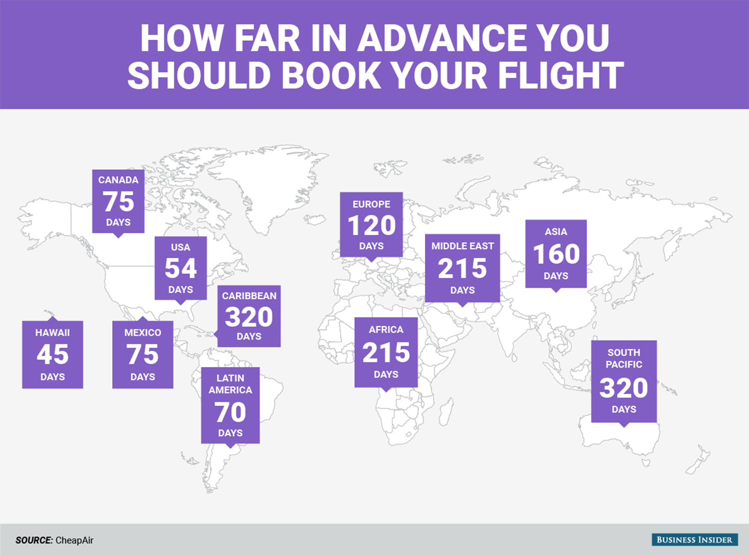 This graphic from CheapAir illustrates how far in advance you should purchase flights for the best deals. This map is based off of flight originating from the U.S. Read more onBusiness Insider here .