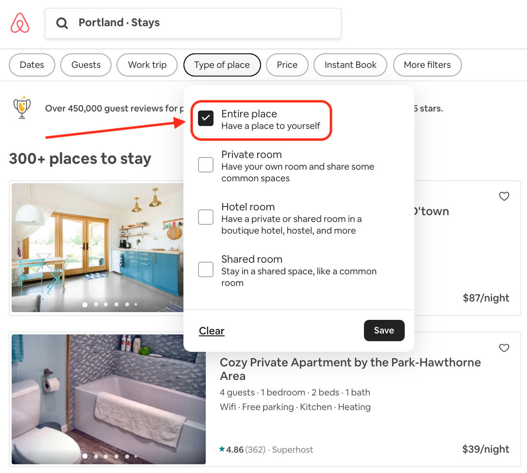 Airbnb Filters Entire Place