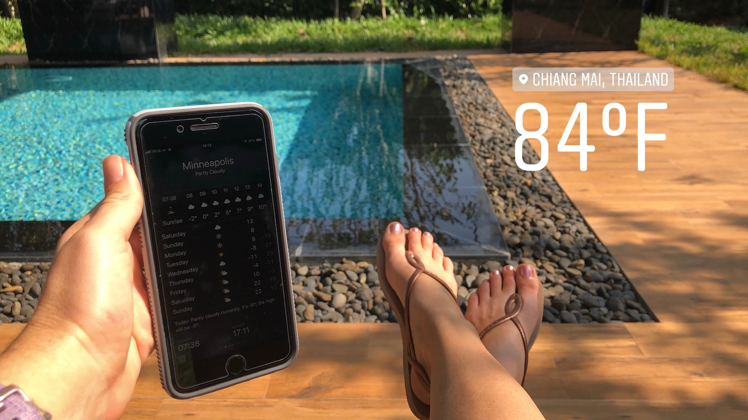 Comparing the weather in Chiang Mai, Thailand to our hometown: Minneapolis, Minnesota. (85F and sunny versus -11F and snowy!)