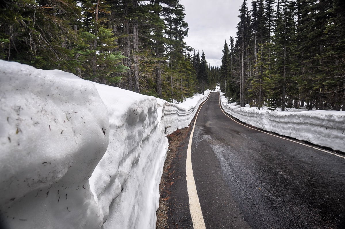 We visited the Olympic Peninsula at the end of May, and we had a mix of sunny day and fog, and we say lots of snow still sticking to the ground!