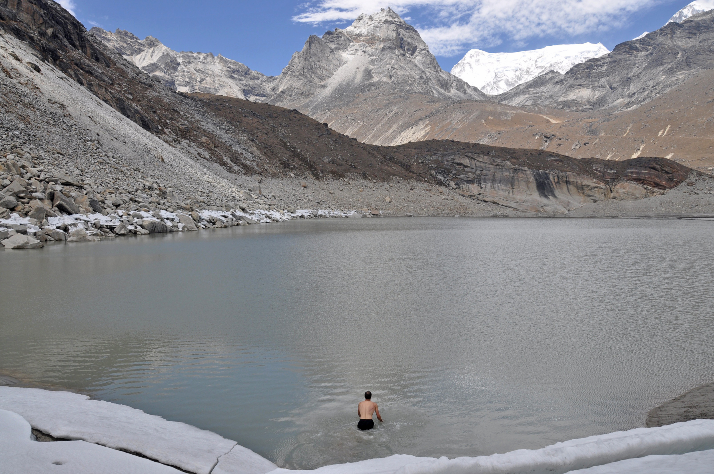 Gokyo swimming in a glacial lake