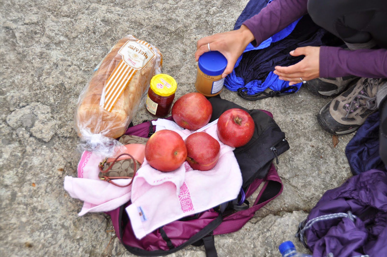 Our lunch of peanut butter and imitation Nutella sandwiches at Juwangsan