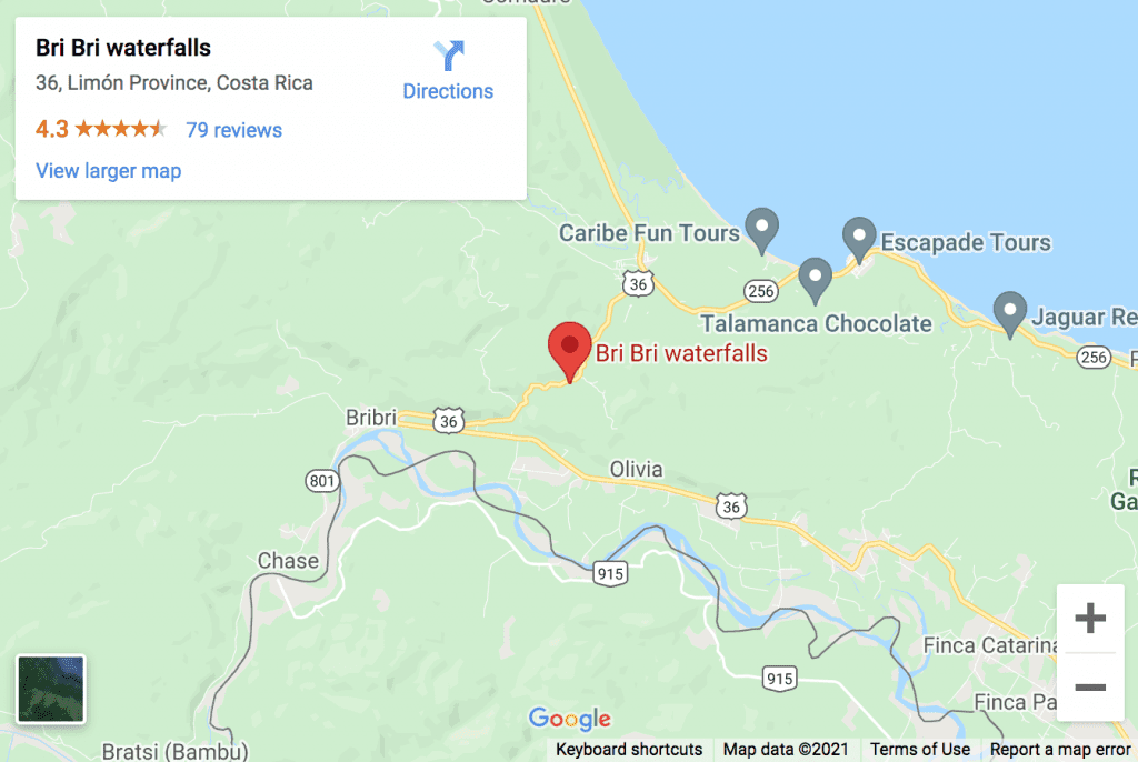 Map to Bri Bri Waterfalls, Puerto Viejo, Coast Rica