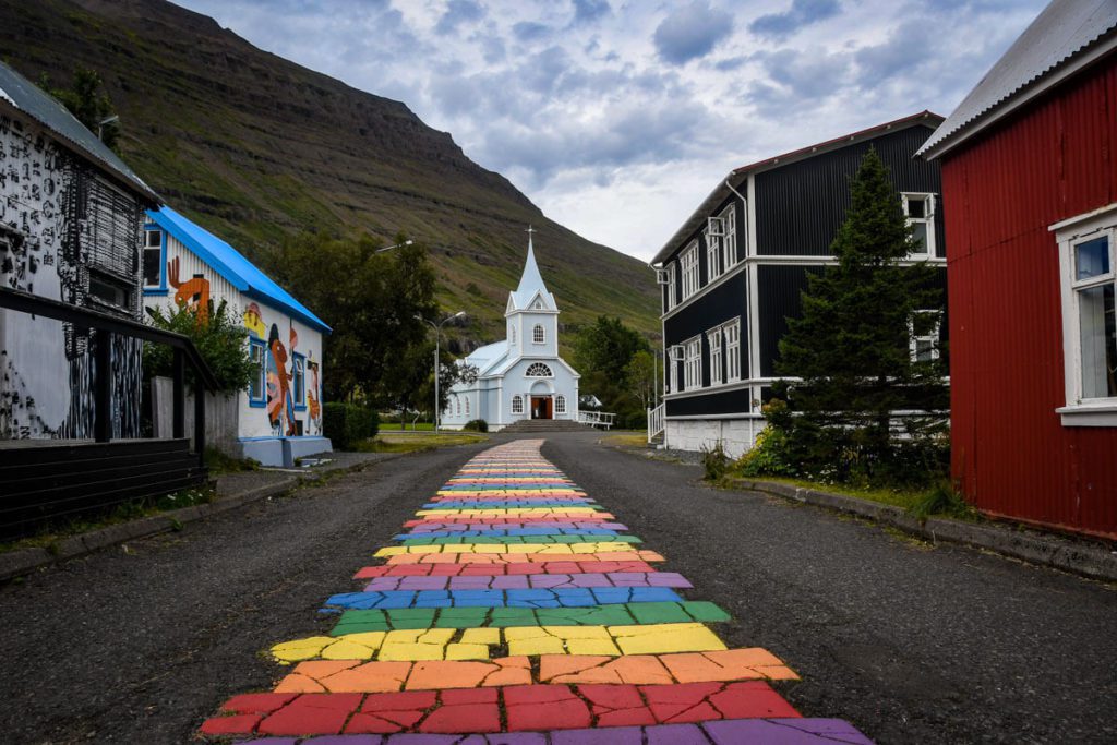 Rainbow road in Seydisfjordur Iceland