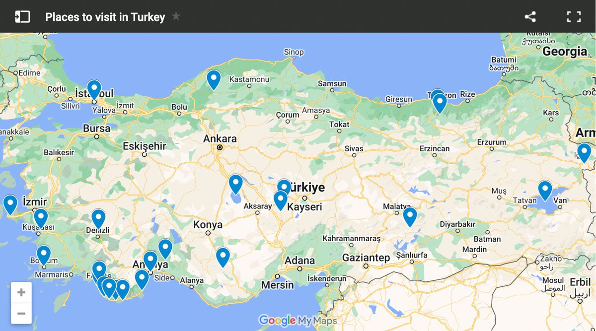 Map of Places to Visit in Turkey