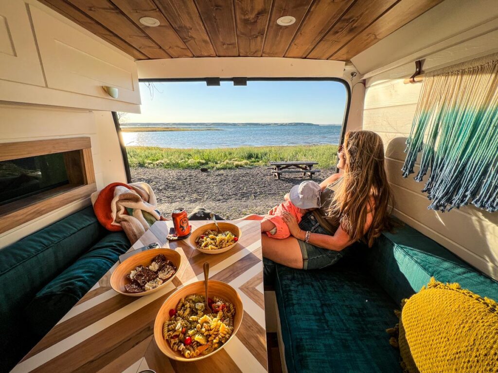 Campervan Appraisal | DIY Campervan ProMaster dinner with a view and a baby