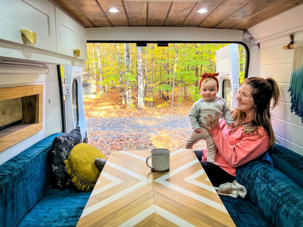 Cozy DIY Campervan ProMaster with a baby in autumn