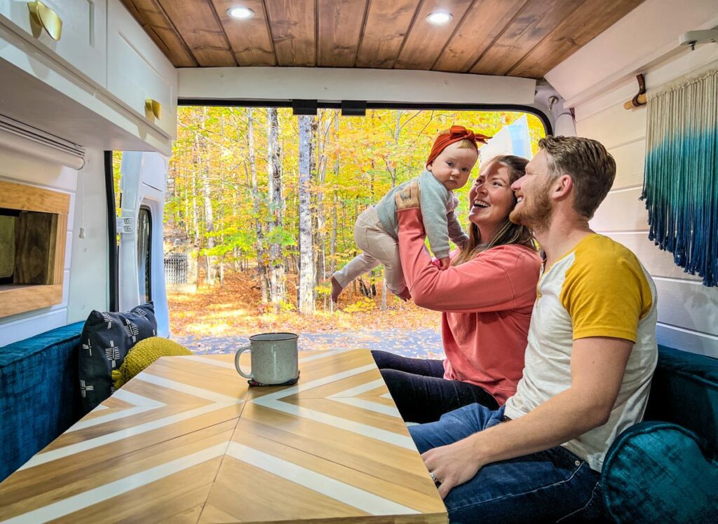 Cozy DIY Campervan ProMaster with a baby in autumn