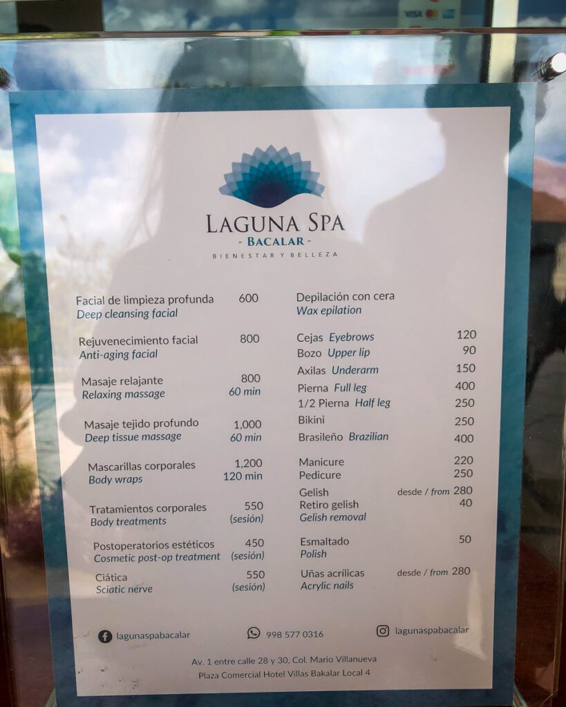 Laguna Spa Menu Bacalar Mexico