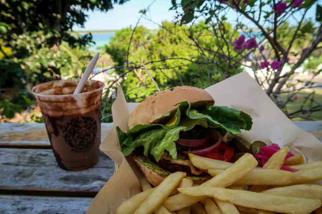 vegan burger from Mango y Chile Bacalar Mexico