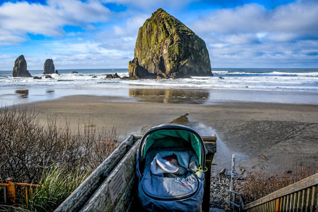 Travel with baby Haystack Tock Cannon Beach, Oregon