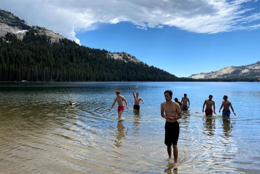 Group of friends exiting Tenaya Lake Yosemite (Paul Fuchs)