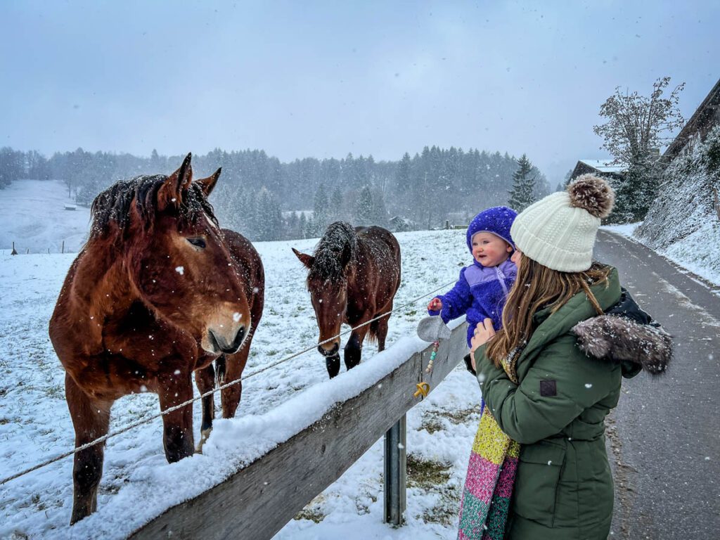 Horses and baby in the snow in Garmisch, Germany travel with a baby tips