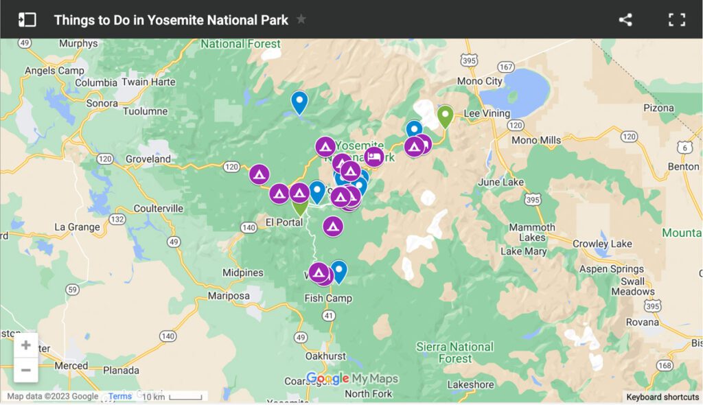 Things to Do in Yosemite National Park Map