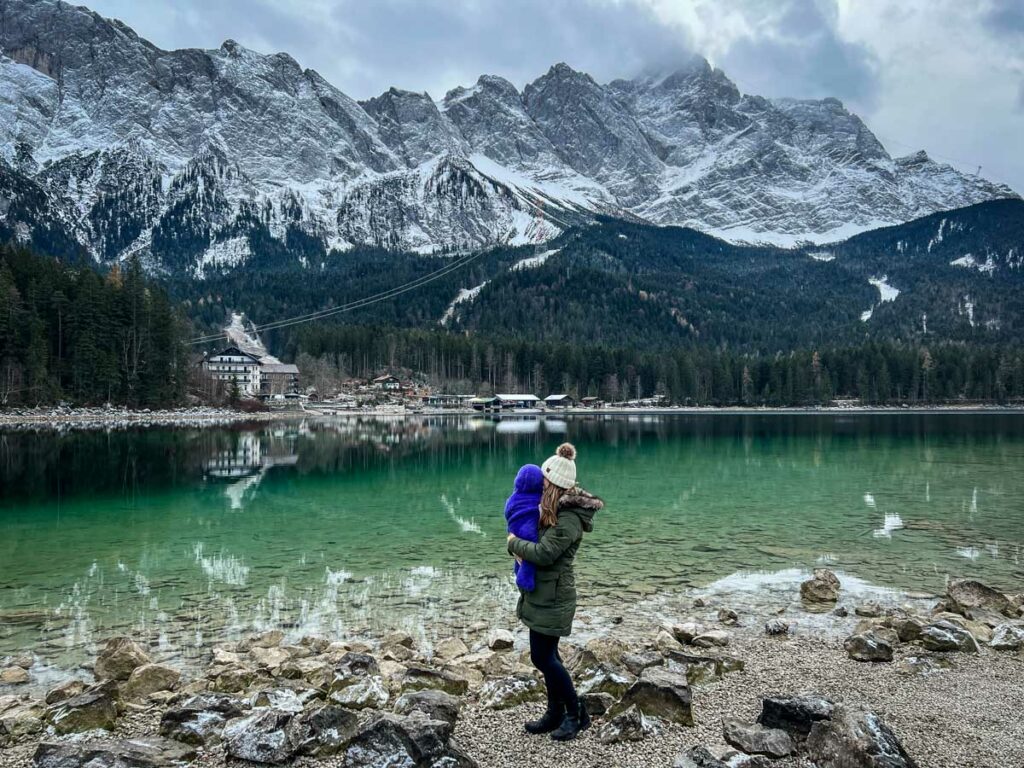 Eibsee Lake winter Garmisch Germany with a baby
