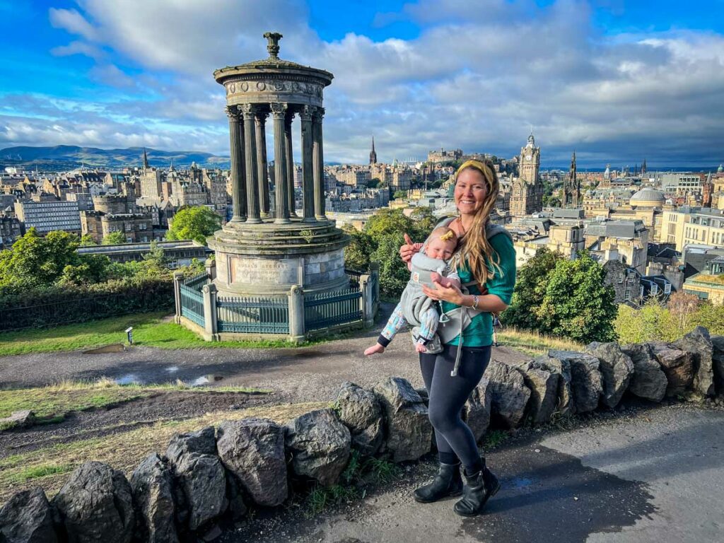 Calton Hill Edinburgh with a baby