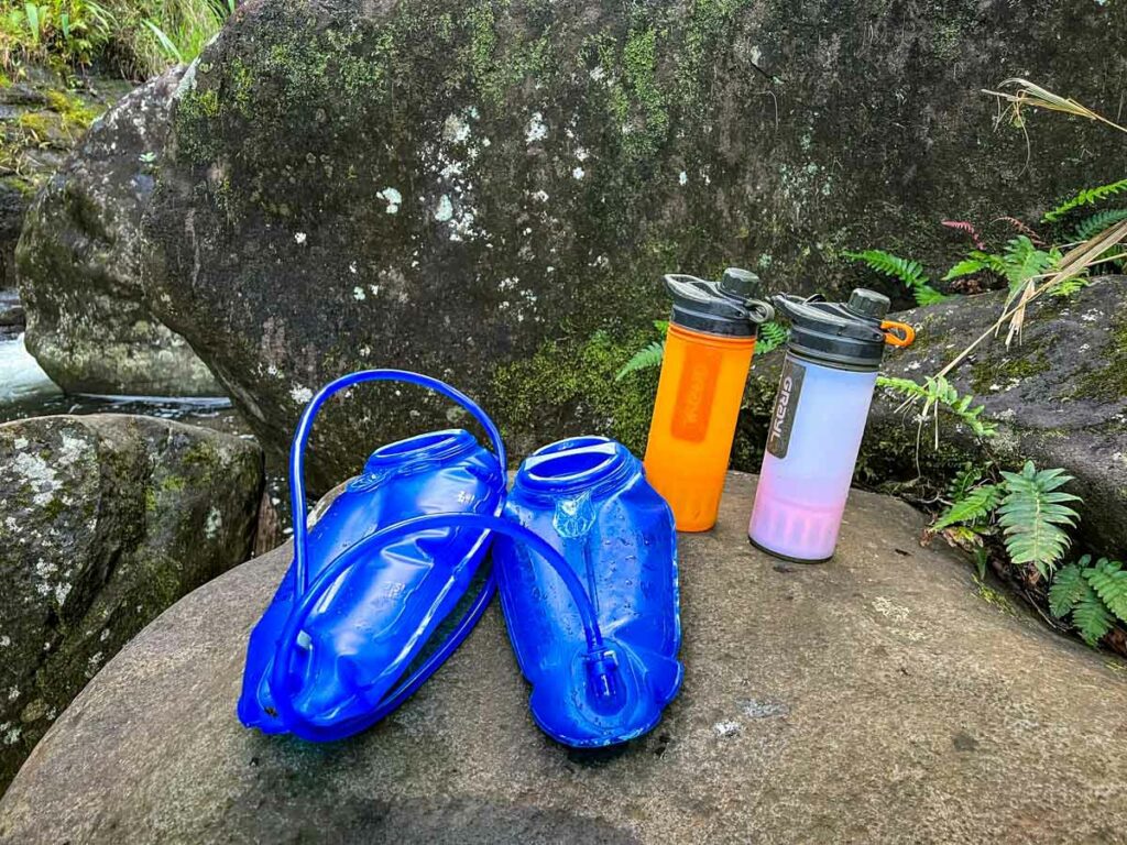 Backpacking Kalalau water treatment Grayl and bladders