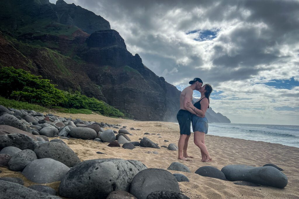 Kalalau Beach kiss at sunset Kauai Hawaii