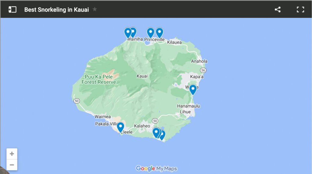 Map of best snorkeling in Kauaii Hawaii
