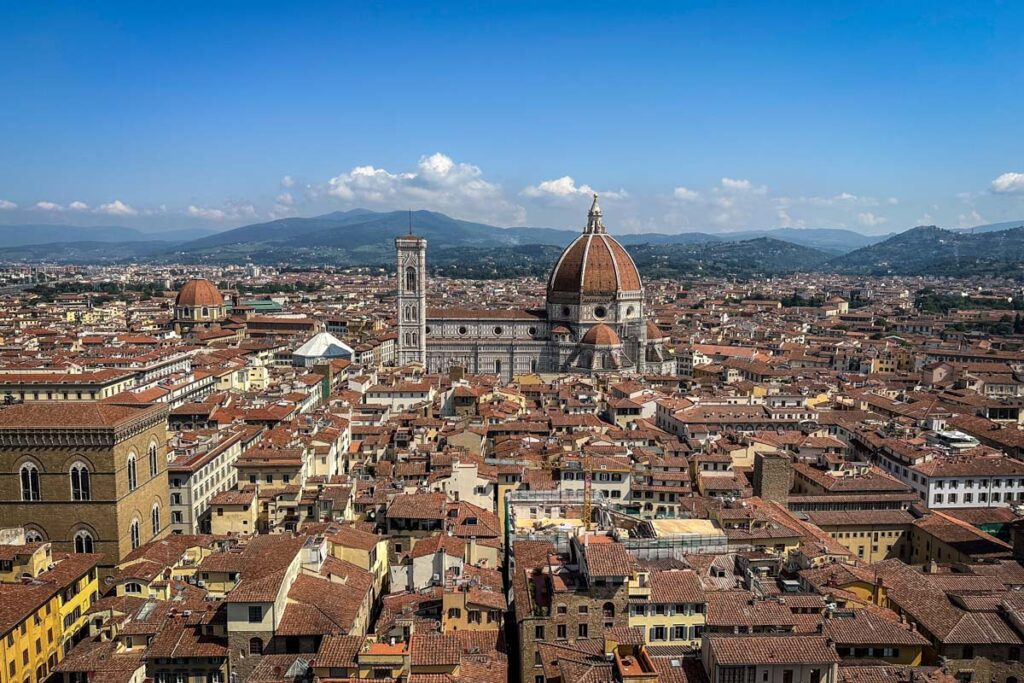 Views of il Duomo from the top of the Arnolfo Tower in the Palazzo Vecchio Florence Italy