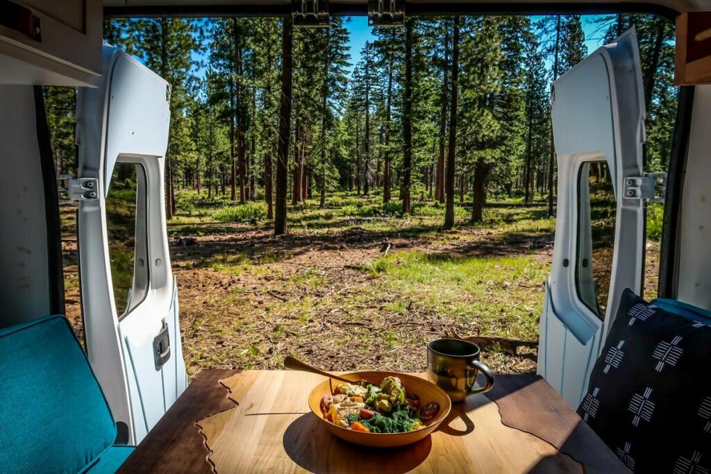 Campervan on forest road near Bend Oregon