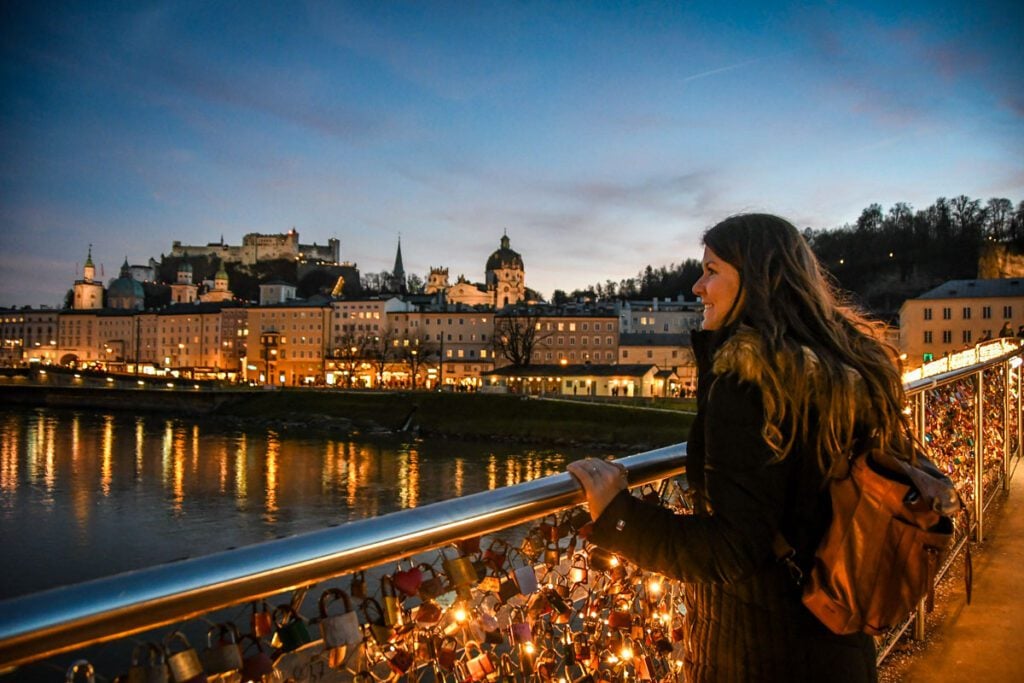 Salzburg, Austria Love Lock bridge at night