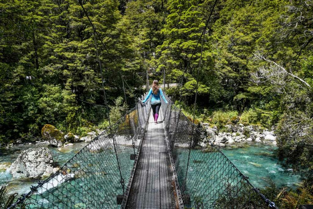 Lake Marian Falls suspension bridge Milford Road New Zealand