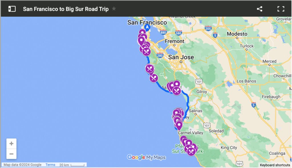 San Francisco to Big Sur road trip map