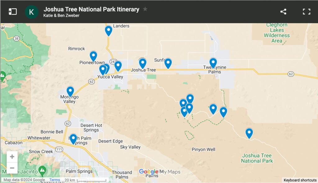 Joshua Tree National Park day trip itinerary map