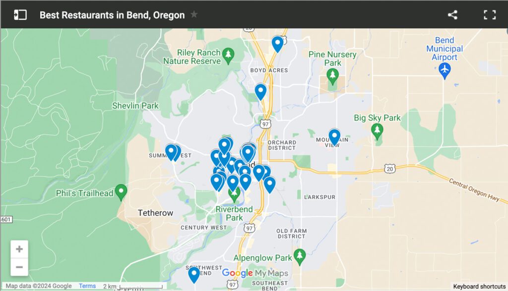 Map of the best restaurants in Bend Oregon