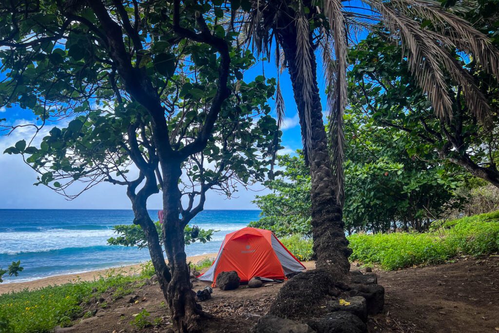 Tent camping in Hawaii on the beach