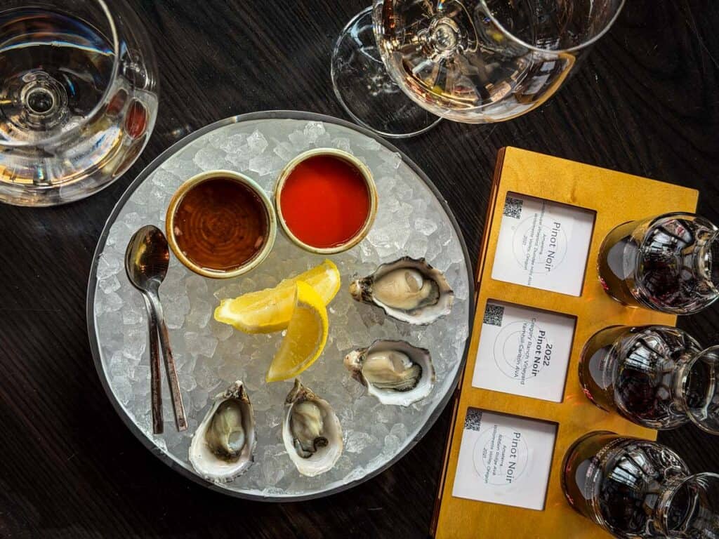 Amaterra Bend Oregon Restaurants oysters & pinot noir flight
