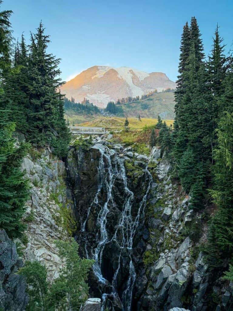 Myrtle Falls in front of Mount Rainier in Washington