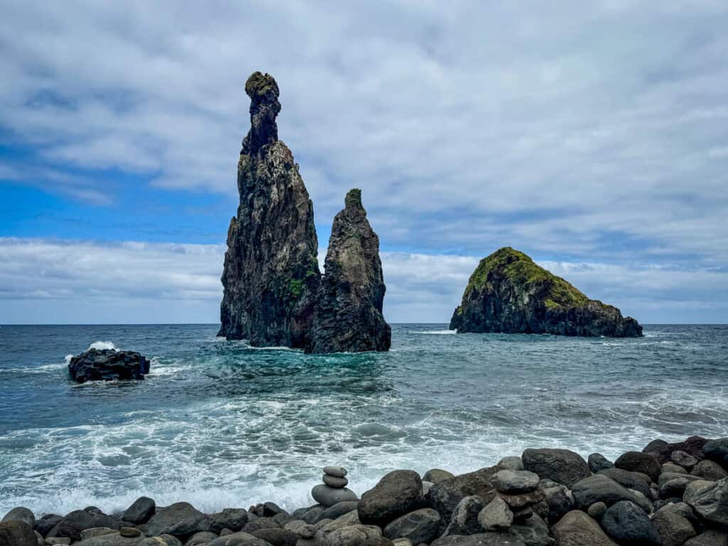 Ribeira da Janela sea stacks from the beach in Madeira, Portugal